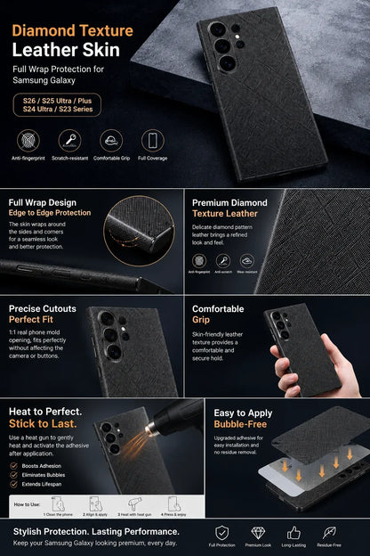 Full Wrap Faux Leather Back Skin for Samsung Galaxy S26 S25 Ultra Plus S24 S23 Anti Scratch Matte Slim Protective Film Cover