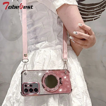 Crossbody Lanyard Glitter Shockproof Plating Case For Samsung Galaxy S25 S24 S23 S22 S21 S20 Ultra FE Plus Mirror Holder Cover