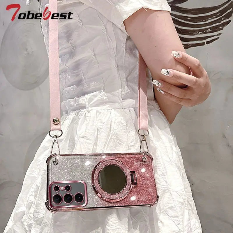 Crossbody Lanyard Glitter Shockproof Plating Case For Samsung Galaxy S25 S24 S23 S22 S21 S20 Ultra FE Plus Mirror Holder Cover