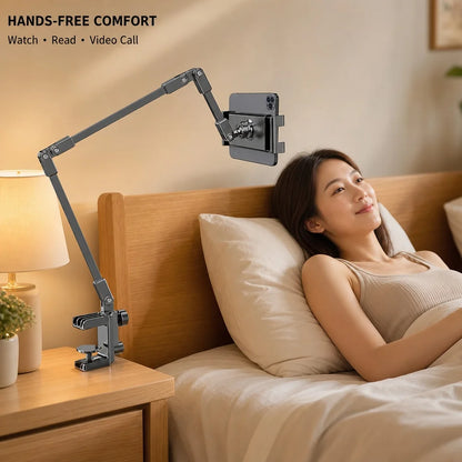 Adjustable Bed Phone Holder Stand for 4.7-12.9 Inch Phone Tablet, Foldable Metal Arm Desk Clamp, 360° Viewing