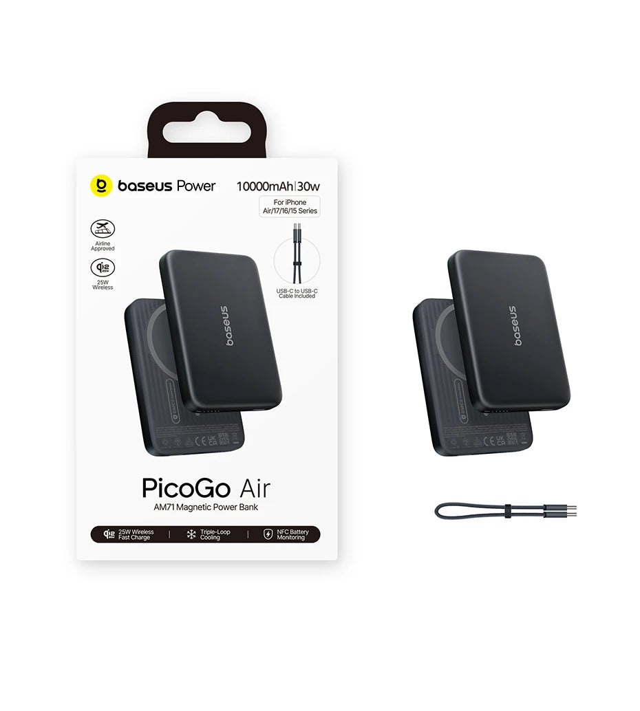 Baseus Qi2.2 Magnetic Power Bank 30W USB-C & 25W Wireless Charging 10000mAh Card-Slim NFC Battery Monitoring for iPhone Samsung