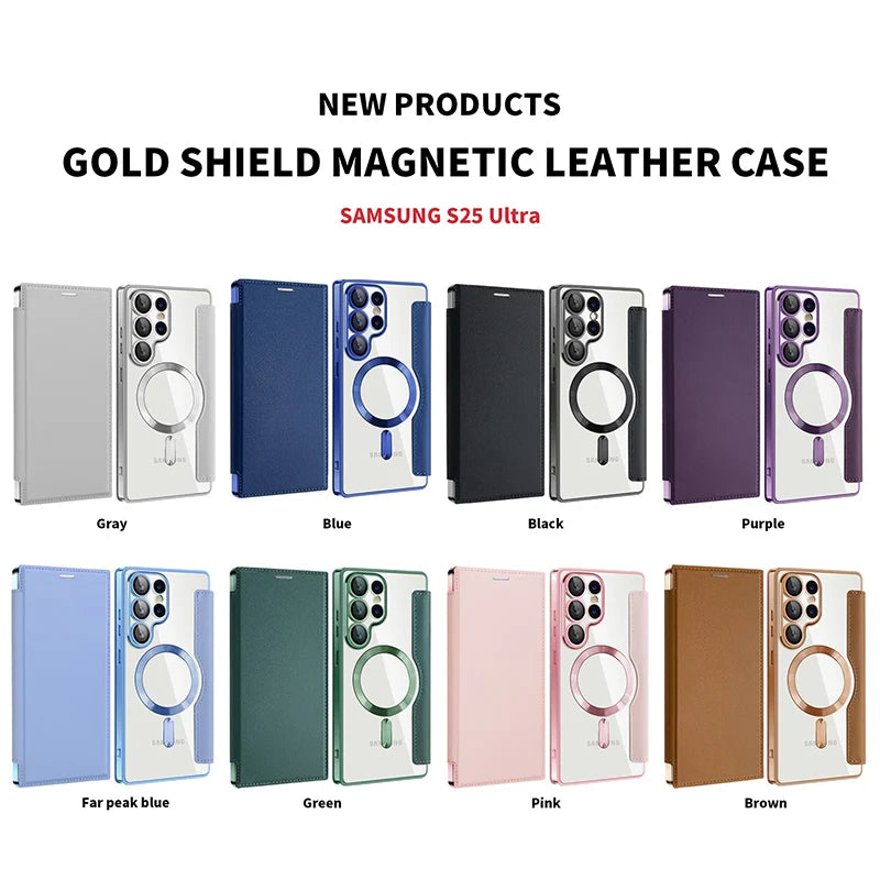 For Magsafe Magnetic Luxury Solid Color Leather Flip Wallet Card Slot Phone Case For Samsung S25 Ultra S23 S22 S24 Ultra Plus