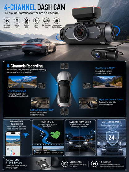4K 4-CHs Dash Cam WiFi GPS, Front Rear Left Right Car Video Recorder, 24H Parking Monitoring Night Vision Dashcam Supercapacitor