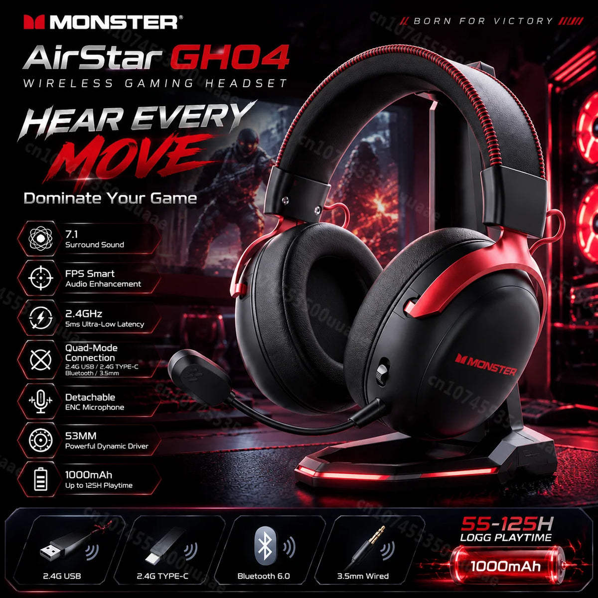 Monster GH04 Wireless Gaming Headphone 2.4G/Bluetooth 6.0 4-Mode 7.1 Surround Sound Esports Gaming Headset with Detachable Mic