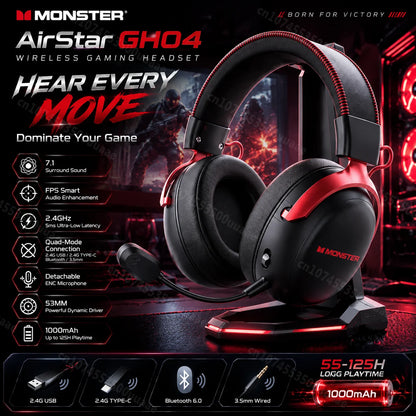 Monster GH04 Wireless Gaming Headphone 2.4G/Bluetooth 6.0 4-Mode 7.1 Surround Sound Esports Gaming Headset with Detachable Mic