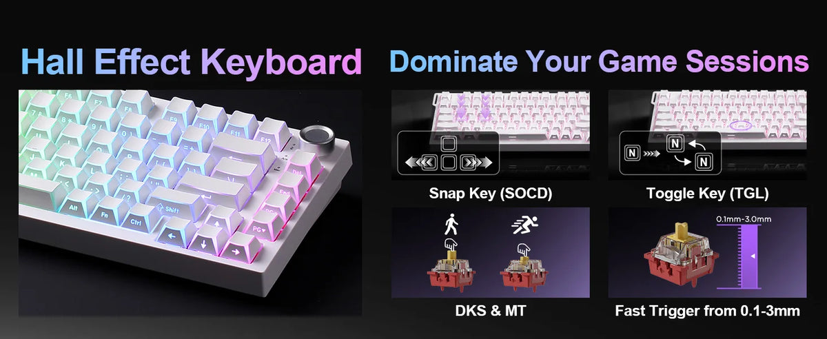 YUNZII RT75 PRO Dual 8K Wireless Gaming Keyboard, Rapid Trigger Mechanical Hall Effect Magnetic Keyboards, RGB Custom SOCD/DKS