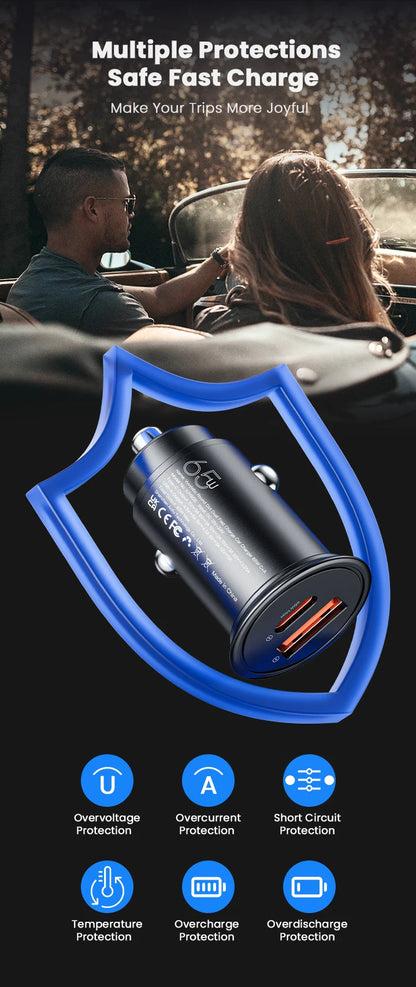Vyvylabs 65W Car Charger Zinc Alloy Mini USB-A Type-C Fast Charging Adapter DC12V-24V Car Max 65W for iPhone 17 Samsung Huawei