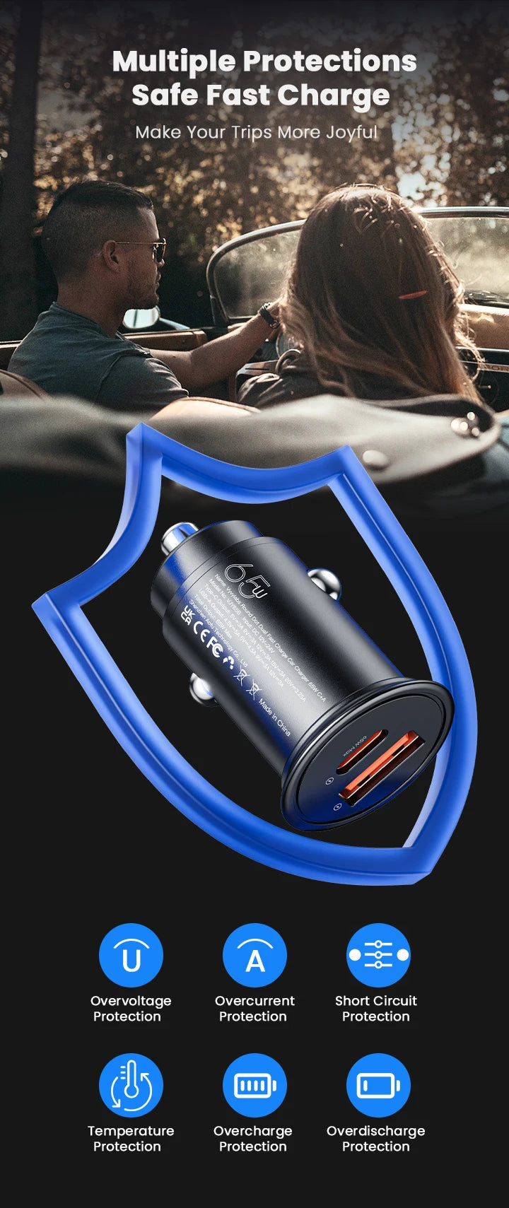 Vyvylabs 65W Car Charger Zinc Alloy Mini USB-A Type-C Fast Charging Adapter DC12V-24V Car Max 65W for iPhone 17 Samsung Huawei