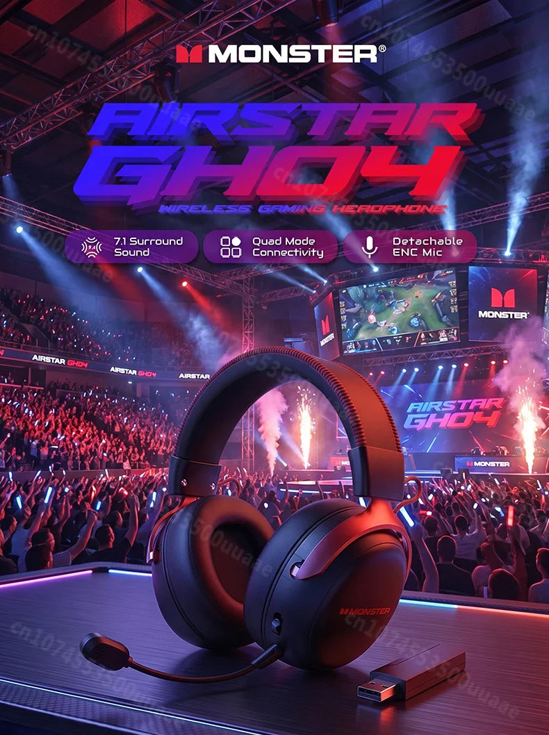 Monster GH04 Wireless Gaming Headphone 2.4G/Bluetooth 6.0 4-Mode 7.1 Surround Sound Esports Gaming Headset with Detachable Mic