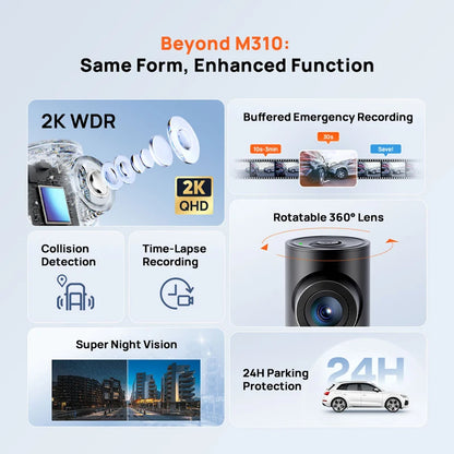 70mai M310 Plus 2K 1440P Dash Cam 143°FOV f/1.55 Large Aperture Smart Voice Control 24H Parking Guard Night Vision Car Camera