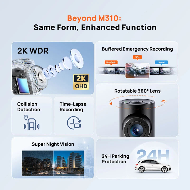 70mai M310 Plus 2K 1440P Dash Cam 143°FOV f/1.55 Large Aperture Smart Voice Control 24H Parking Guard Night Vision Car Camera