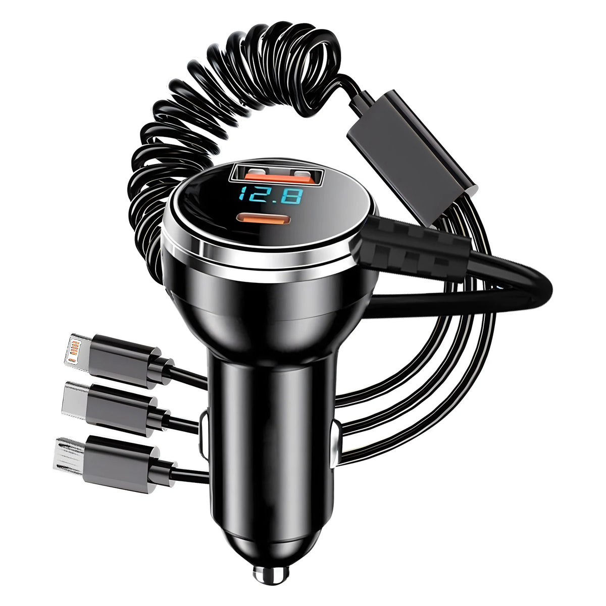230W Car Charger PD QC 3.0 Fast Charging 3‑in‑1 Coiled Cable L-Port Type‑C Micro USB Dual Port Car Phone Charger with LED Displa