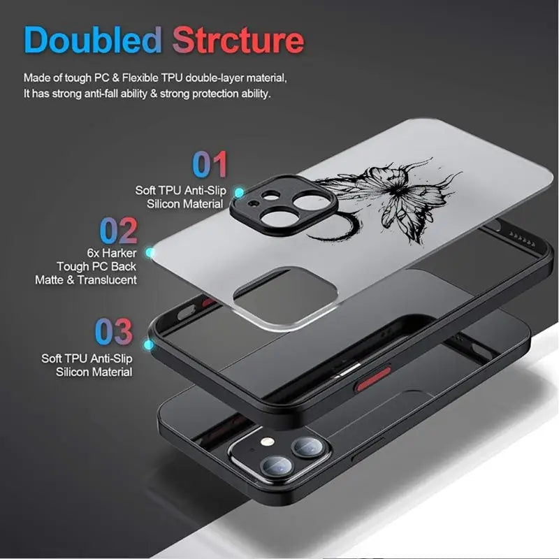 Butterfly Printed Case for Apple iPhone 15 11 14 13 12 Pro 7 XR X XS Max 8 Plus 6 6S SE 2022 15Pro Black Matte Phone Funda