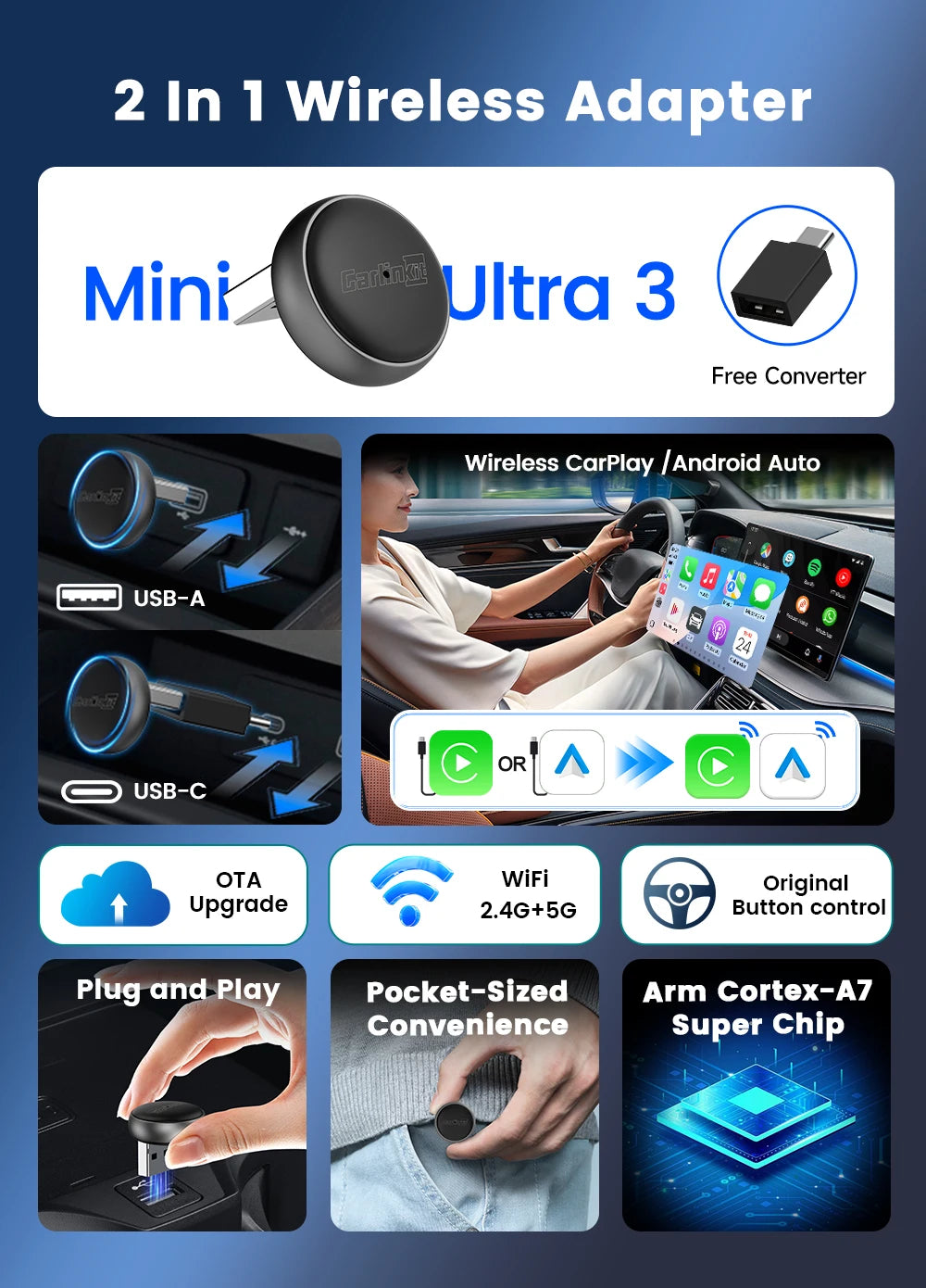 2026 CarlinKit 5.0 Mini Ultra 3 CarPlay Android Auto Wireless Adapter 2.4G&5.8GHz WiFi BLE OTA Upgrade For OEM Car Plug and Play