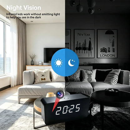 4K New mini WiFi Clock Camera, Supports Infrared Night Vision, Motion Detection, Remote Viewing, LED Lights Can Be Turned off
