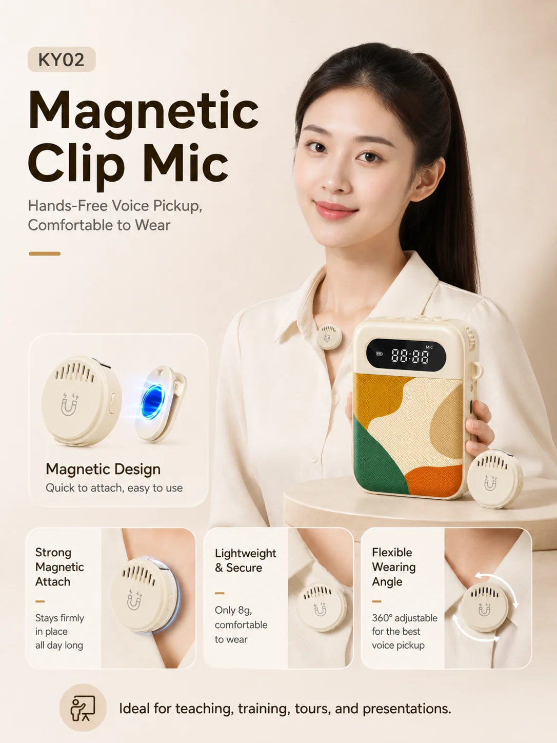 Voice Amplifier for Teachers, 20W Bluetooth 6.0 Speaker, Wireless Magnetic Clip Mic, Rechargeable for Classroom and Training