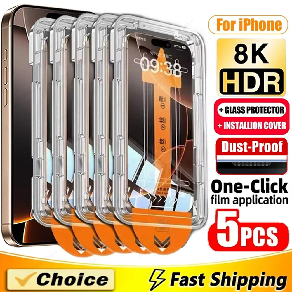 5Pcs Ultra HD 8K Dust Free Screen Protector For iPhone 16 15 14 13 12 11 17 Pro Max 16e Plus 17 Air Glass Easy Installation Box