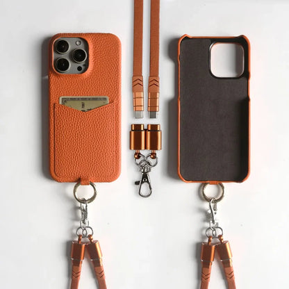 Multifunctional Charging Cable Lanyard Genuine Leather Case for IPhone 18 Pro Max 17Pro 16 15 14 13Pro Crossbody Strap Card Slot