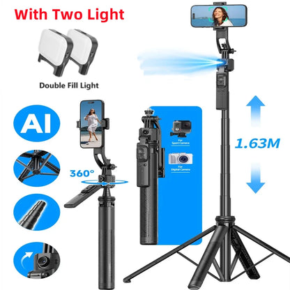Selfie Stick Tripod Gimbal for Cell Phone 360° Auto-Rotation AI Tracking Stabilizer Shooting Quadrapod with Optional Fill Light