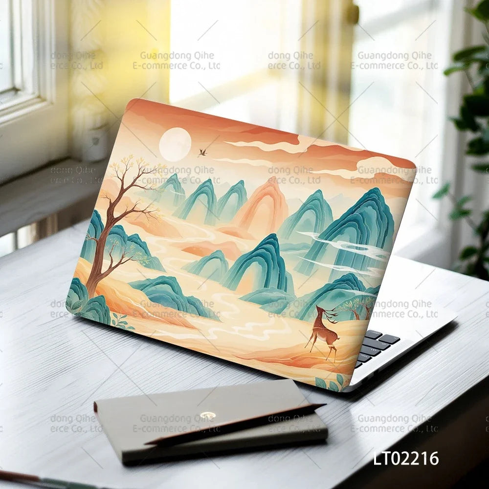 2PCS Scenery Oil Painting Laptop Stickers Set Flower Art Waterproof PVC Decals MacBook Traditional Ink Style Computer Skin