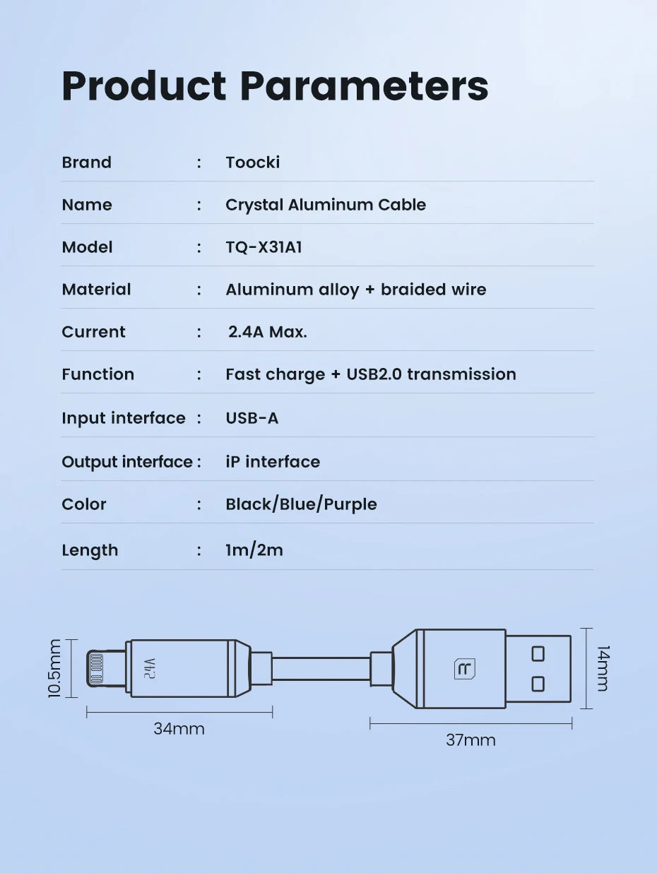 Toocki USB Cable for iPhone 14 13 12 Pro Max 2.4A Fast Charging Lightning Cable Data Wire for iPhone 8 7 6 5 Plus AirPods