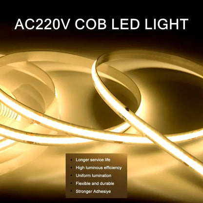 AC220V COB LED Strip Light Flexible Tape Lights Smart IC No Need Driver High Bright 240 LEDs Linear Lighting RA95 Warm White 5m