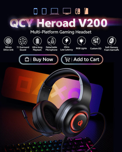 QCY Heroad V200 Gaming Headset Bluetooth 6.0 with Mic 50mm Driver 7.1 Surround Sound RGB Over Ear Headphones for PC Laptop PS4/5