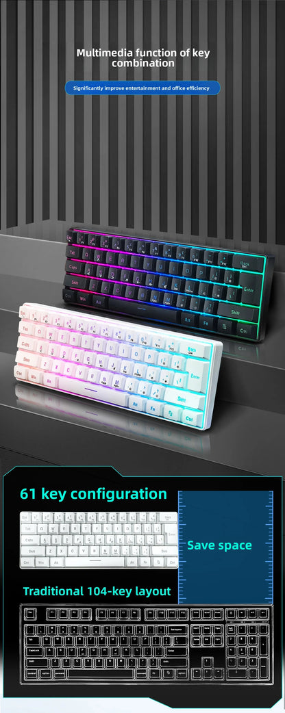 Teclado RGB Gamer 60% Keyboard Ergonomic Mini PC White Computer Keyboard Portable Backlit USB Wired Black Clavier Ordinateur