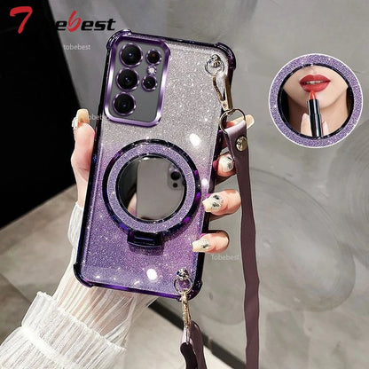 Crossbody Lanyard Glitter Shockproof Plating Case For Samsung Galaxy S25 S24 S23 S22 S21 S20 Ultra FE Plus Mirror Holder Cover