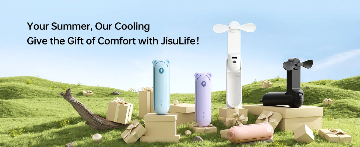 JISULIFE Portable Fan Mini Handheld Fan USB 4500mAh Recharge Hand Held Small 3 In1 Pocket Fan with Power Bank Flashlight Feature