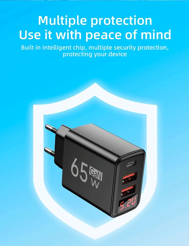 65W USB C Charger Fast Charger Phone Charger Adapter with LED Display QC3.0 EU/US/UK Plug For iPhone Samsung Xiaomi Wall Charger