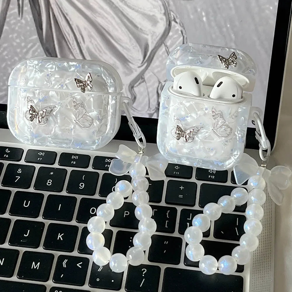 Luxury Shell Texture Metal Butterfly Girls Case For Airpods 4 Pro 2nd 1 2 Earphone Box Cover For Apple AirPod 3 Bag with Pendant