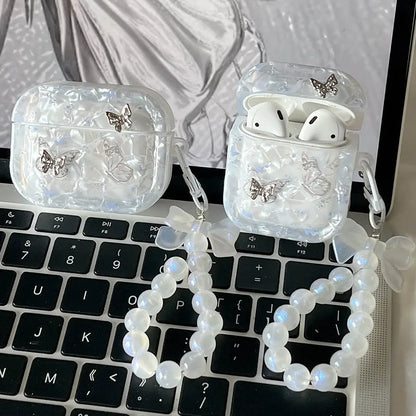 Luxury Shell Texture Metal Butterfly Girls Case For Airpods 4 Pro 2nd 1 2 Earphone Box Cover For Apple AirPod 3 Bag with Pendant