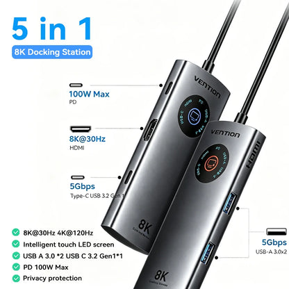 Vention USB C 8K 4K HDMI HUB Led Display USB A C 3.0 3.2 Gen1 Ethernet 1000Mbps Adapter for MacBook iPad HP Dell Samsung Laptop