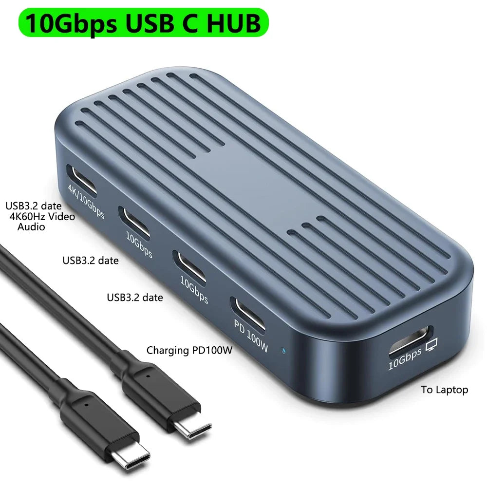 10Gbps USB C Hub with 4K@60Hz Video Output USB3.2 Gen2 Monitor Data Transfer PD100W for Laptops MacBook iPad Pro Type-C Devices