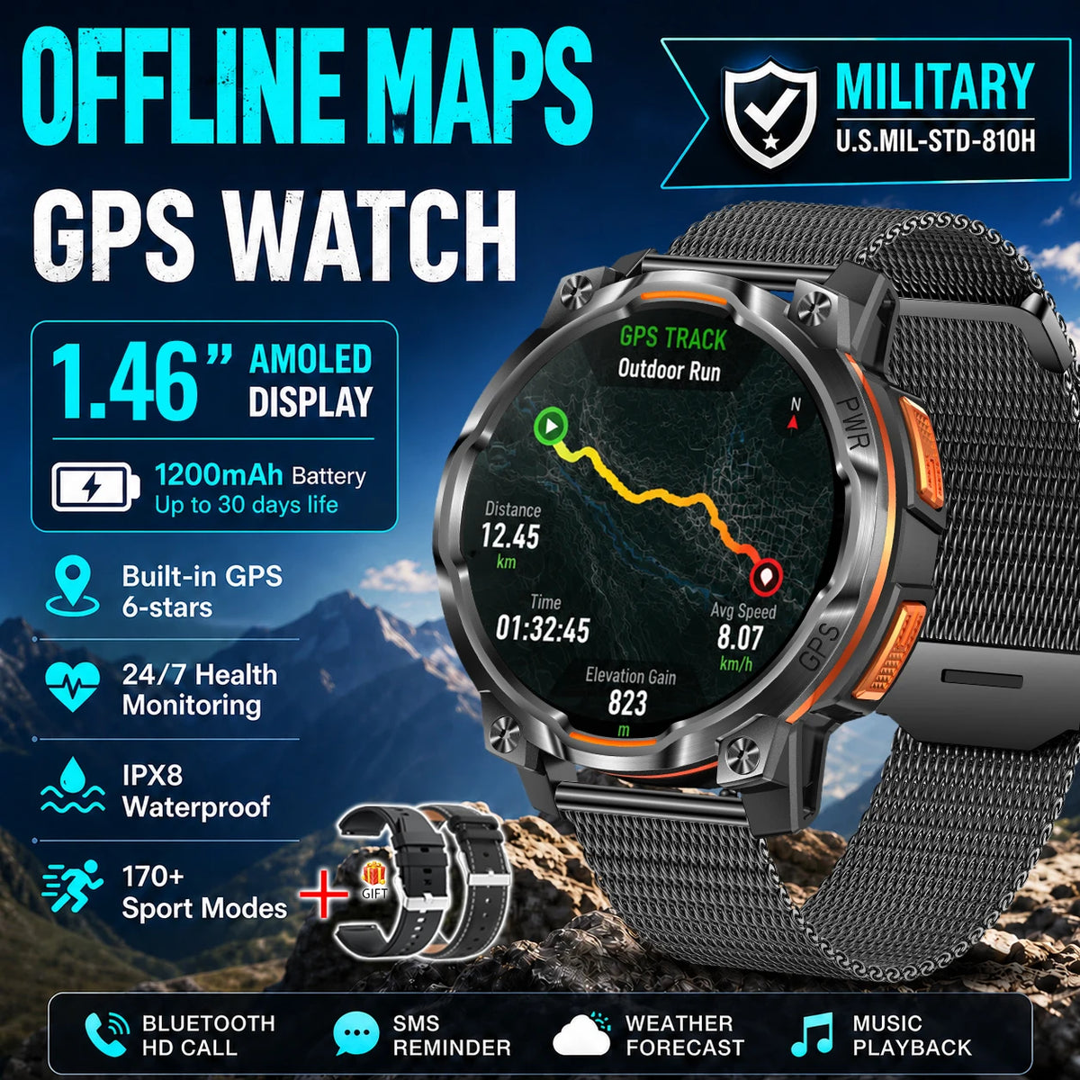 Men Outdoor GPS Smartwatch Offline Map 107 Sport Modes 1200mAh Battery BT Call Heart Rate BP SpO2 Fitness Sports Wrist Watch
