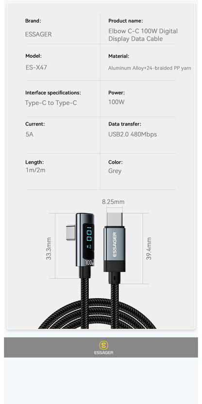 Essager PD100W USB Type C Cable 90 Degree 5A Fasting Charing For iPhone Xiaomi Samsung Huawei Laptops LED Digital Display Cable