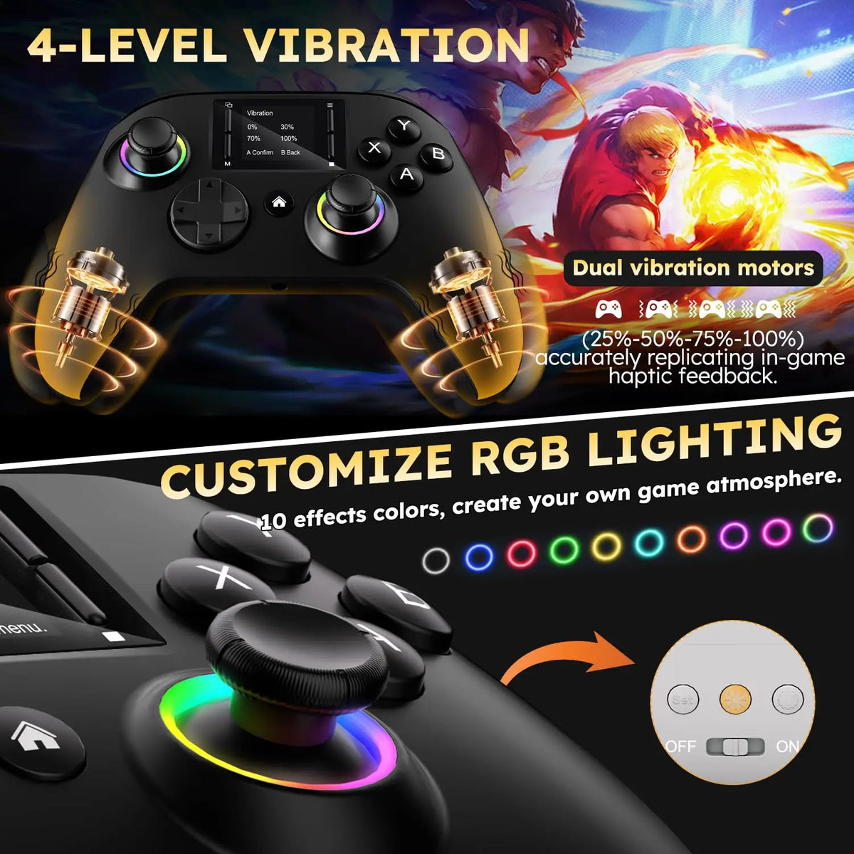 Wireless gaming controller with an interactive screen, compatible with PC, PS4, Switch, Android, and iOS devices. Features 4 programmable buttons, rapid-fire functionality, a 6-axis gyroscope, dual vibration feedback, and RGB