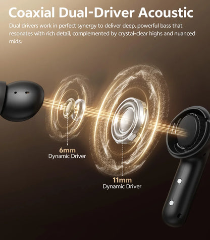 QCY MeloBuds N60 HT19 Wireless Bluetooth 6.0 Earphones 56dB Hybrid ANC LDAC Hi-Res Audio with Coaxial Dual Driver Earbuds 45Hrs