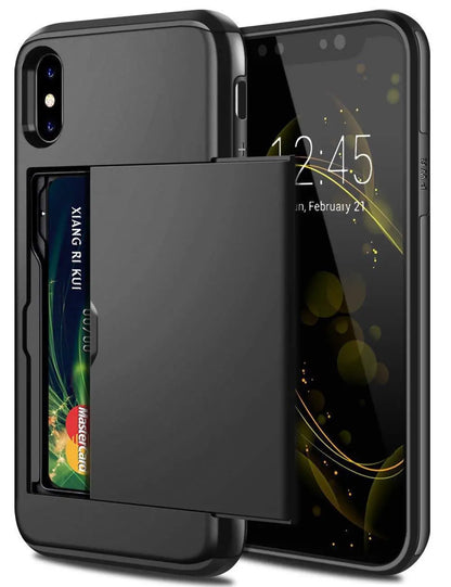 Armor Slide Card Case For iPhone 16 15 14 13 12 Pro 11 11Pro Max Card Slot Holder Cover 16 Pro Max X XS Max XR Fundas Capa