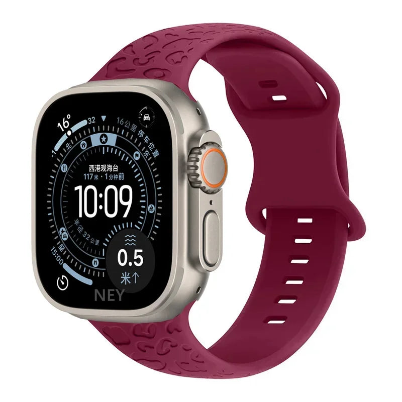 Engraved Strap For Apple Watch Band ultra 49mm 41mm-44-42mm 46mm Sport Silicone Leopard bracelet iWatch Series 11 10 9 8 7 se 6