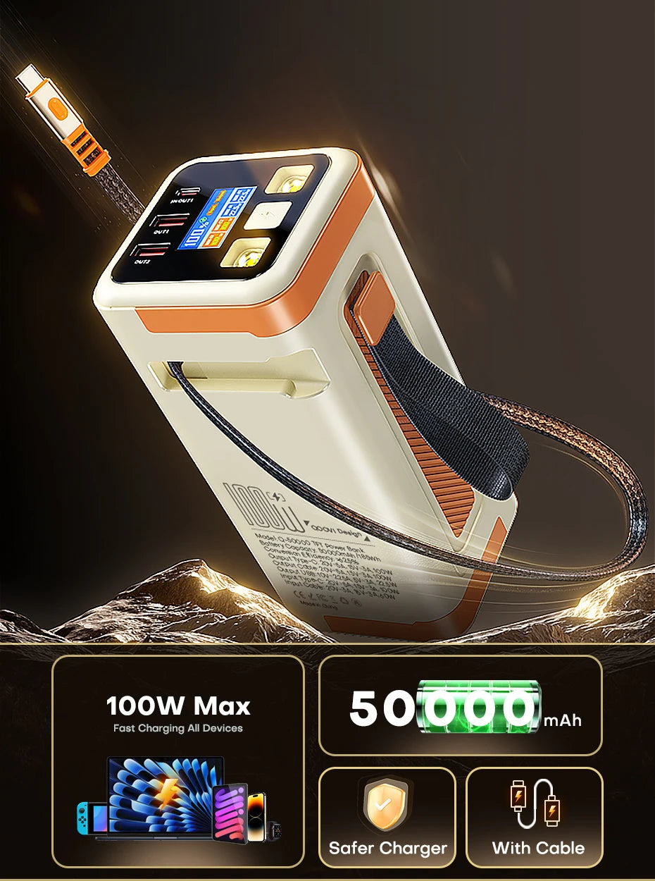 QOOVI 50000mAh Power Bank PD 100W Fast Charging Portable Large Battery Capacity Power Station For iPhone Laptop Samsung Xiaomi