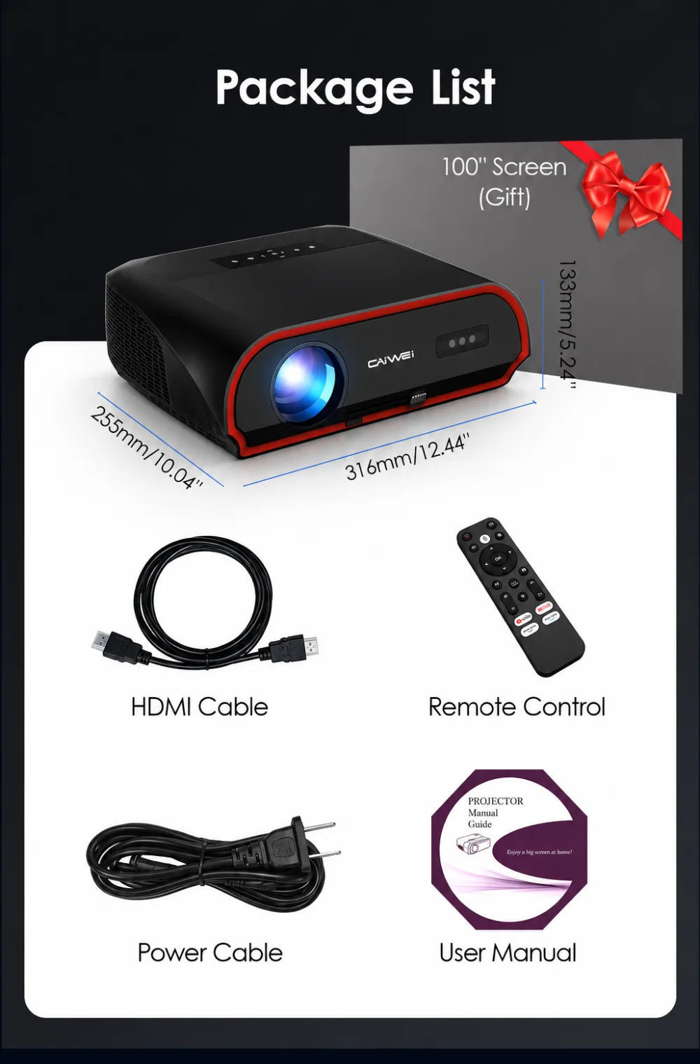 CAIWEI A10R Google TV 4K Projector 4000 ANSI Full HD 1080P Android 14 Home Theater for Movies Auto Focus Portable Projector Beam