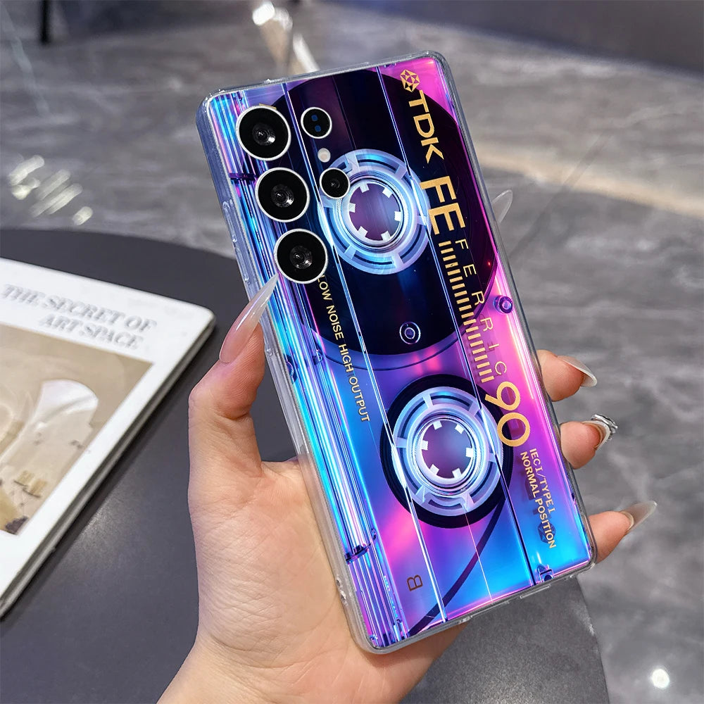 Neon Glow Cassette Clear Soft TPU Back Cover For Samsung Galaxy S26 S25 S24 FE A15 A55 A57 Shockproof Phone Case