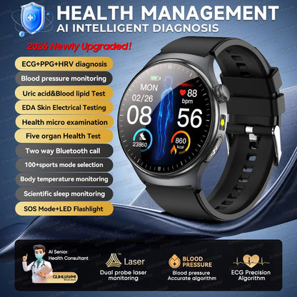 2026 New AI-Diagnosis Care Smartwatch ECG+PPG Accurate Uric Acid Blood Pressure Body Fat Five Organ Fitness Waterproof Smartwatc