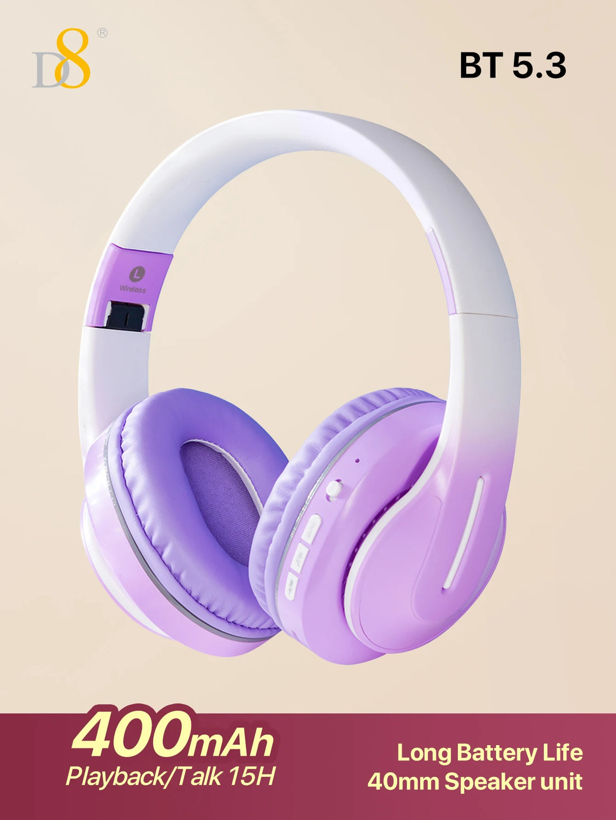 D8 Over Ear  Headphones,  Wireless and Wired Headset Built-in Microphone,  Micro SD Card Slot - (Stealth)  40H Playtime