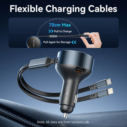 Vention 60W Retractable Car Charger 3 in 1 PD 30W QC 3.0 Fast Charging for iPhone 17 16 Samsung Tablet Cord Cigarette Adapter