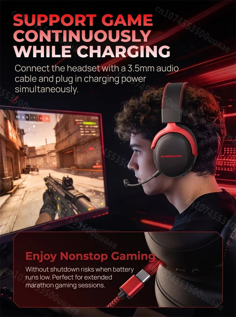 Monster GH04 Wireless Gaming Headphone 2.4G/Bluetooth 6.0 4-Mode 7.1 Surround Sound Esports Gaming Headset with Detachable Mic