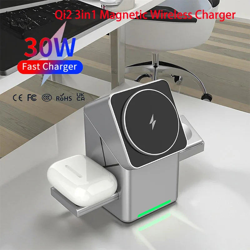 Rotating Qi2 3in1 15w Magnetic Wireless Charger Stand For iPhone 16 15 14 13 12 Max  iWatch Airpods Fast Charging Dock