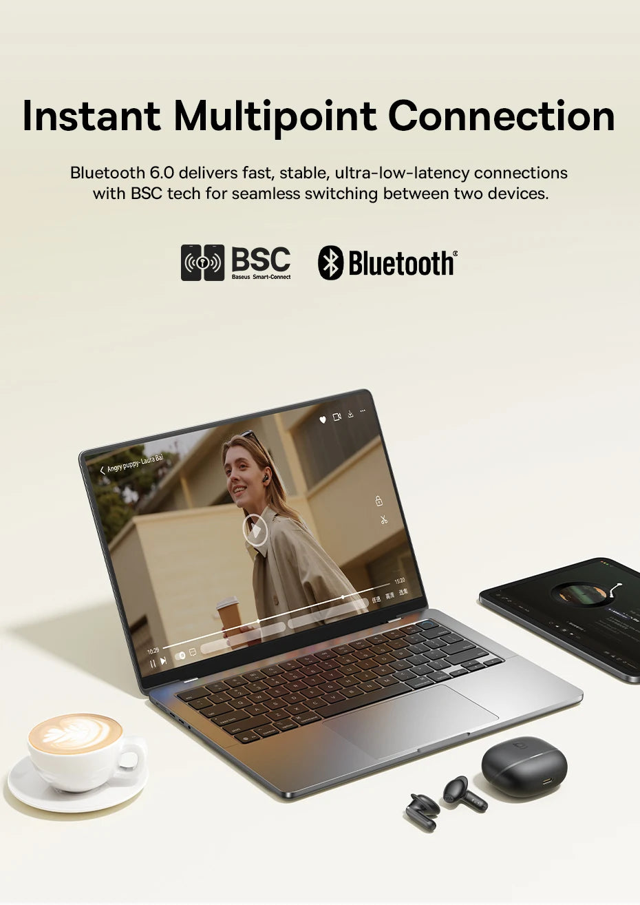 Baseus Bowie MS1 -55dB Adaptive ANC Earbuds Semi-In-Ear Wireless Bluetooth 6.0 Earphones Stable Fit Ear Hi-Res Audio Headphone